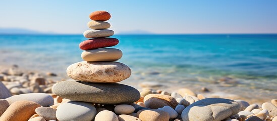 Fototapeta na wymiar Zen stone pyramid on beach tranquil sea backdrop harmony and balance