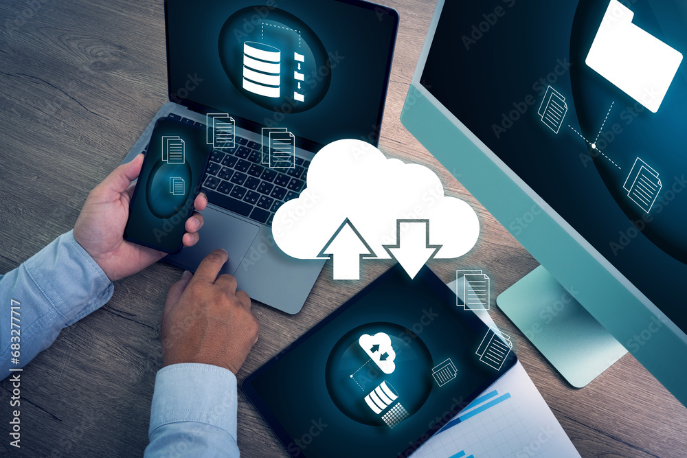 Poster cloud computing business network server storage technology concept laptop computer with cloud networ