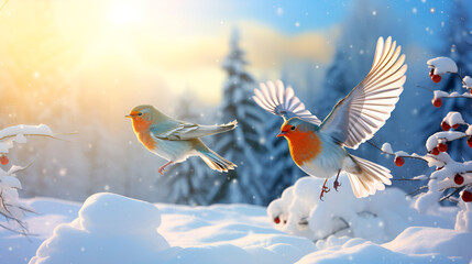 birds in the snow.Robin's Dance: Capturing Eastern Bluebird Elegance in the Sky.HD lovely robin in autumn wallpapers .AI Generative 