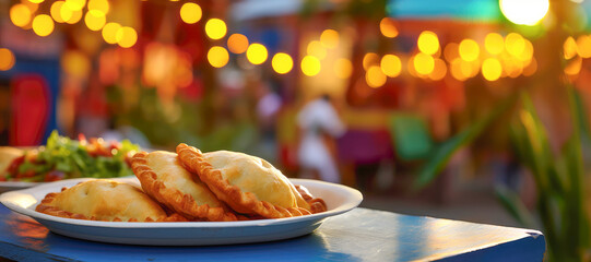 A close-up of mouthwatering empanadas, highlighting their traditional appeal, featuring a crispy dough and delectable fillings, perfect for lunch or as a snack. - obrazy, fototapety, plakaty