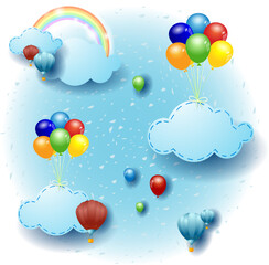 Landscape with hanging cloud and balloons.Vector illustration eps10