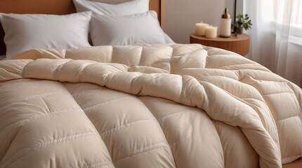 Close up of soft bedding sheets and pillows in modern bedroom.