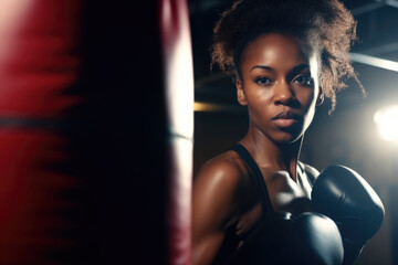 Focused black female boxer training with punching bag.