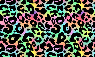 Trendy Neon Leopard pattern background. Vector rainbow wild animal leo skin, cheetah texture with black spots on rainbow gradient background for fashion print design, textile, wallpaper © Ketmut