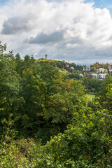Fototapeta na wymiar Barenstein hilll with lookout tower in Plauen city in Germany