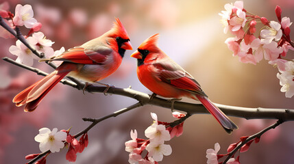 Love Birds Harmony: Autumnal Scene with Red Cardinal on cherry blossom branch.AI Generative 