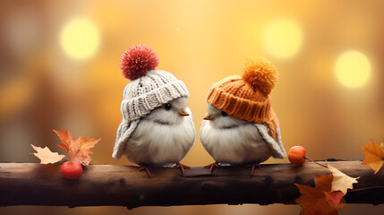 Two birds sparrows in knitted hats on female hands on autumn background ,Snow-Kissed Sparrows: A Seasonal Delight on a Tree Branch.AI Generative 