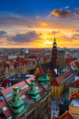Aerial panoramic view of Wroclaw Market Square. Wroclaw, Poland, Europe