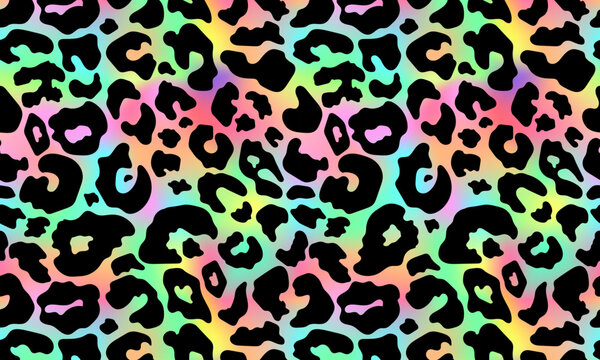 Trendy Neon Leopard pattern background. Vector rainbow wild animal leo skin, cheetah texture with black spots on rainbow gradient background for fashion print design, textile, wallpaper