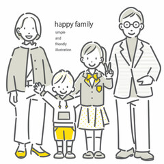 ミドルの夫婦と子供たち　シンプルでお洒落な線画イラスト