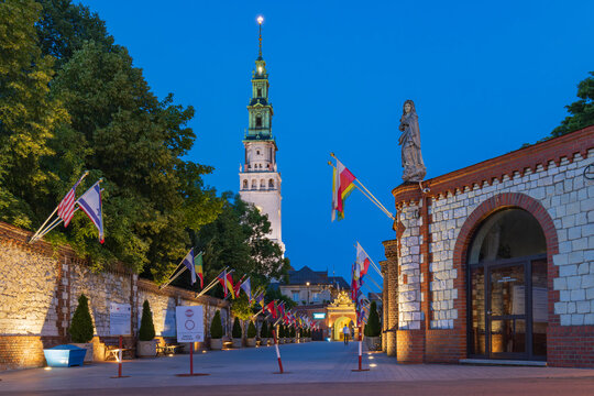 Poland, Czestochowa - July 19, 2023: Entrance Jasna Gora fortified monastery and church. Polish Catholic pilgrimage site with Black Madonna miraculous icon in Czestochowa in Poland.