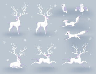 Winter animals collection. Set of flat minimal vector illustrations of polar Deer different poses. Fox, Owl. Cute cards for memory game. Drawing white elements isolated.