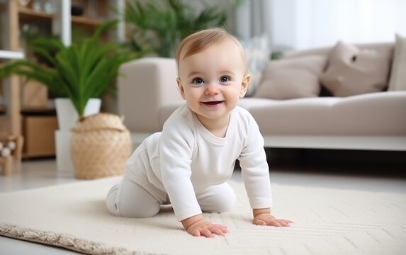 Cute baby in white clothes crawls on the floor in living room. Charming little baby boy 6 months smiling and looking at the camera in home.