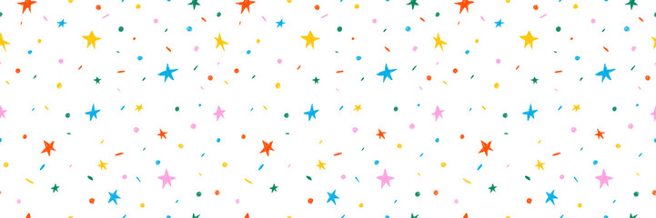 Hand drawn simple sprinkle seamless pattern. Bright color confetti, stars on white background. Vector Illustration for holiday, party, birthday, invitation. - obrazy, fototapety, plakaty