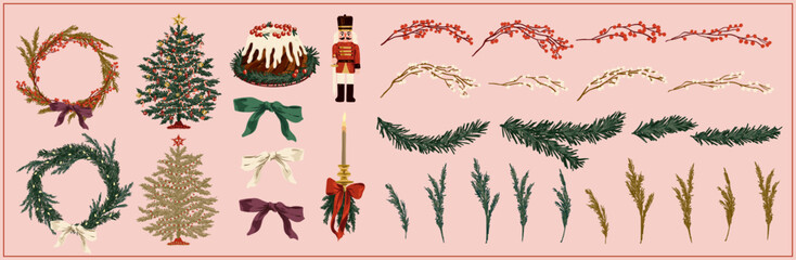 Collection of New Year's and Christmas design elements. Wreath, fir tree, ribbon, nutcracker and other