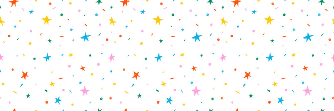Hand drawn simple sprinkle seamless pattern. Bright color confetti, stars on white background. Vector Illustration for holiday, party, birthday, invitation.