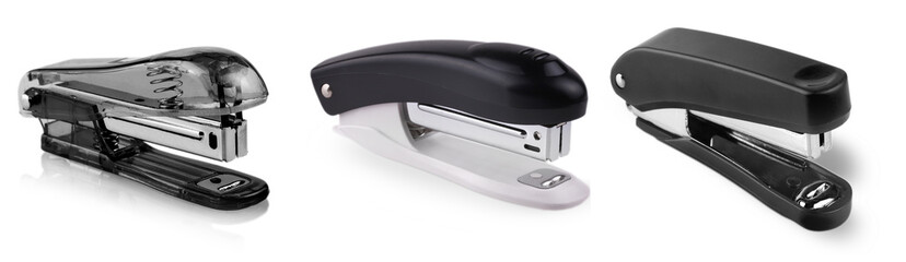 Set of Black staplers isolated on white background