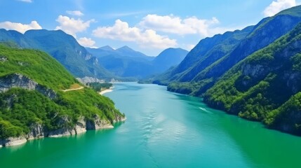 Naklejka na ściany i meble Emerald water of Piva lake. Montenegro. Nature travel background