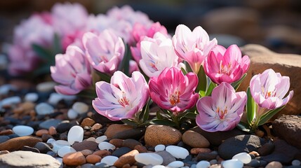 Colourful Tulips Flowerbeds Stone Path Spring, HD, Background Wallpaper, Desktop Wallpaper