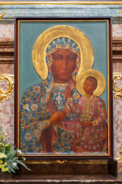 Czestochowa, Poland - July 19, 2023: Black Madonna painting in Jasna Gora monastery and church. Polish Catholic pilgrimage site in Czestochowa in Poland.