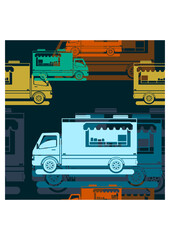 Editable Flat Monochrome Style Mobile Food Truck Vector Illustration in Various Colors as Seamless Pattern With Dark Background for Vehicle or Food and Drink Business Related Design