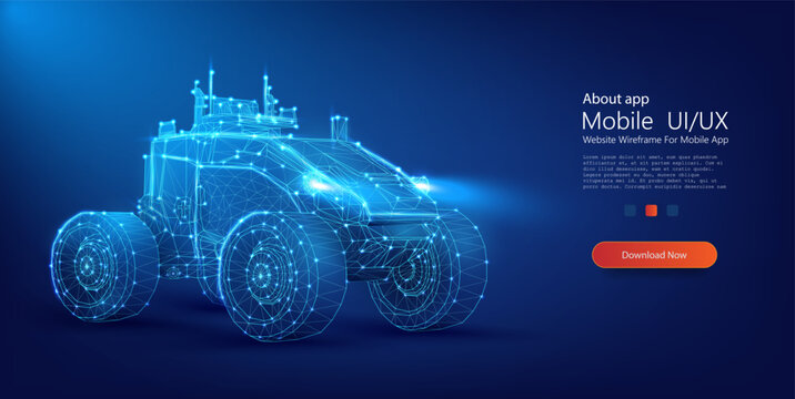 Mars explorer. Discovery transport and scientific rover. Futuristic 3D Wireframe Tractor Design on a Dark Blue Background Illustrating Modern Agriculture Technology. Vector illustration