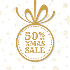 50% off. Xmas sale ball icon, tag or label. Christmas holiday discount banner or background design with 50 percent price off label or logo. Vector illustration. 