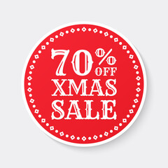 70% off. Xmas sale label, sticker or icon. Christmas discount banner. 70 percent price off sign, logo or circle badge design. Vector illustration.