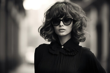 Monochrome retro female portrait in 70s style. Charming fashionable woman with stylish hairstyle and sunglasses posing on street and looking at camera - obrazy, fototapety, plakaty