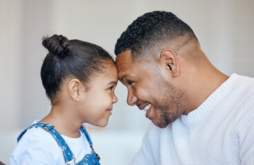 Child, face profile and happy family father, papa or Brazil man care, support and home happiness for young girl. Youth daughter, forehead and apartment dad bonding, smile or parent connect with kid - obrazy, fototapety, plakaty