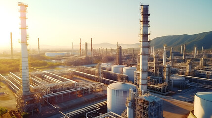 oil refinery at sunset,Night Glow: Aerial View of Petrol Industrial Zone.AI Generative 