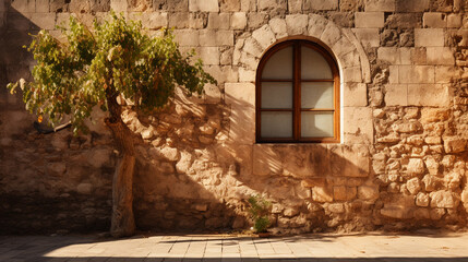 Fototapeta premium Historic Window Set in Aged Stone Wall - Capturing the Essence of Timeless Architecture