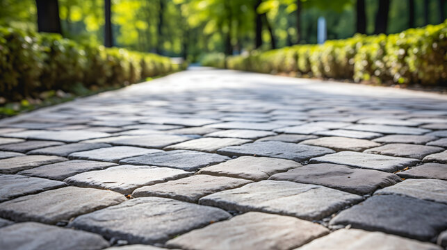Une all&eacute;e pav&eacute;e de pierres grises, bord&eacute;e d'arbustes.