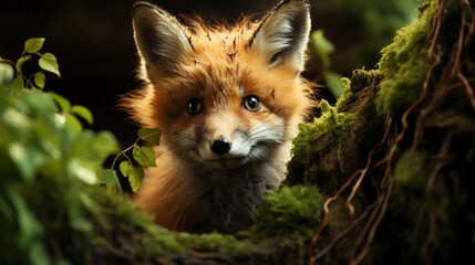 Watchful Red Fox Hidden Among Foliage - A Glimpse into the Secret Life of Forest Inhabitants