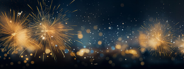 Happy New Year 2024, New Year's Eve firework sparkler firework party celebration holiday greeting card with text - Gold fireworks, sparklers and golden bokeh lights, blue background banner - Powered by Adobe