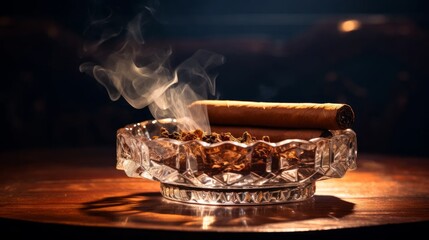 A Cuban cigar burning on an ashtray.