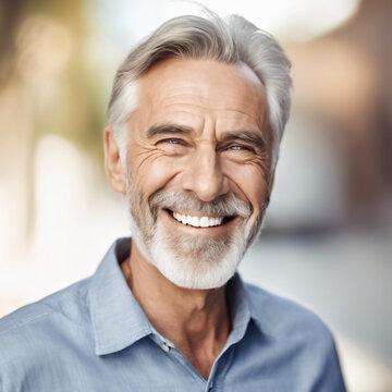 a closeup photo portrait of a handsome old mature man smiling with clean teeth. for a dental ad. guy with fresh stylish hair and beard with strong jawline. isolated on white background. Generative AI 