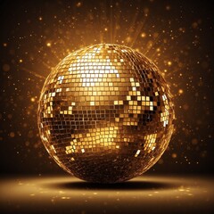 Shiny gold disco ball dark golden background. Ai Generative