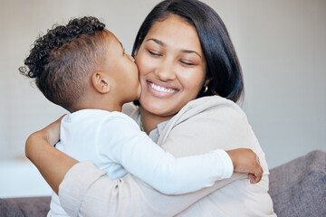 Fototapeta premium Hug, kiss and happy family kid, mom and mama care, support and smile for young youth boy on home living room couch. Security, affection and Costa Rica mother bonding, trust and love embrace for child