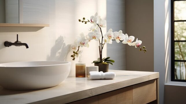Capture the essence of tranquility! Elevate your brand with stock images of powder rooms featuring slatted wood walls, a square sink adorned with an orchid.