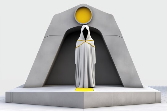 Gray and white sculpture, statue, in front of a tomb with yellow light. A silhouette of a faceless idol. Mystery. Religious iconography. Cloak, robe. Enigmatical character. A totem isolated