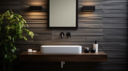 Capture the essence of tranquility! Elevate your brand with stock images of powder rooms featuring slatted wood walls, a square sink adorned with an orchid. - obrazy, fototapety, plakaty