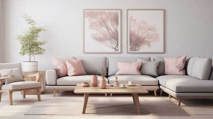 Gray linen sofa complemented by pastel cushions with gray and pink pillows and cozy charm.