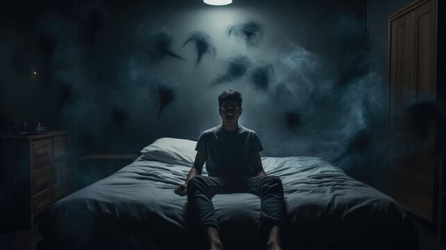 Nightmare Unveiled: Explore our stock images portraying a young man in a dark room with a chilling figure on the wall.