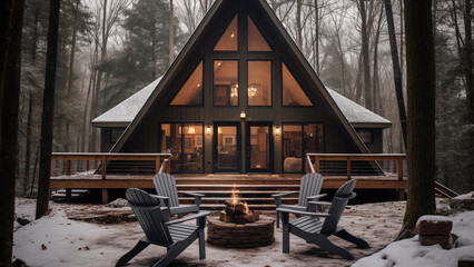 A photo of a frame cabin located at the foot of a winter mountain, a bonfire lit in front of it, and comfortable chairs.