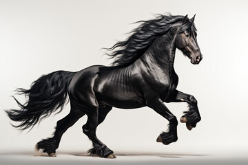 black horse on white background, black horse prancing 