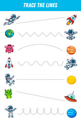Tracing lines for kids. Cute cartoon astronaut, monster, ufo, planets, rocket. Handwriting practice. Educational game for preschool kids. Activity page