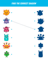  Find correct shadow of monsters, aliens. Educational logical game for kids. Space creature. 