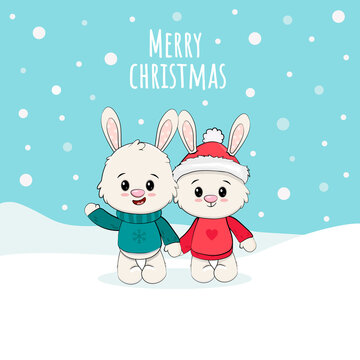 Cute cartoon bunnys couple isolated on blue background. Christmas card with rabbit. 