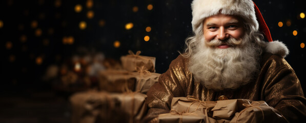 Happy Santa Claus outdoors portrait with bokeh background and copy space. Christmas concept. Generative AI